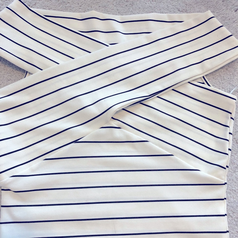 Zara navy and white off the shoulder crop top